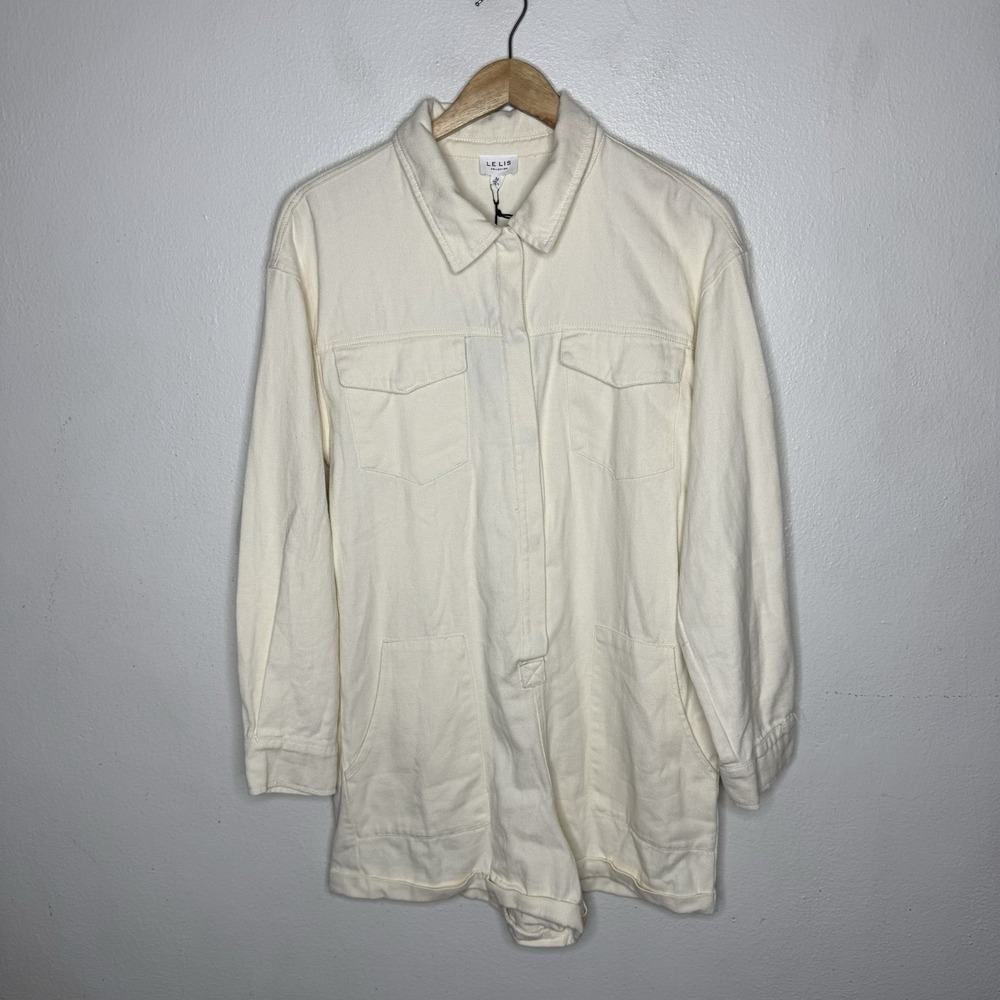 New Le Lis Cream Long Sleeve Denim Romper Pockets Utility Women's Medium